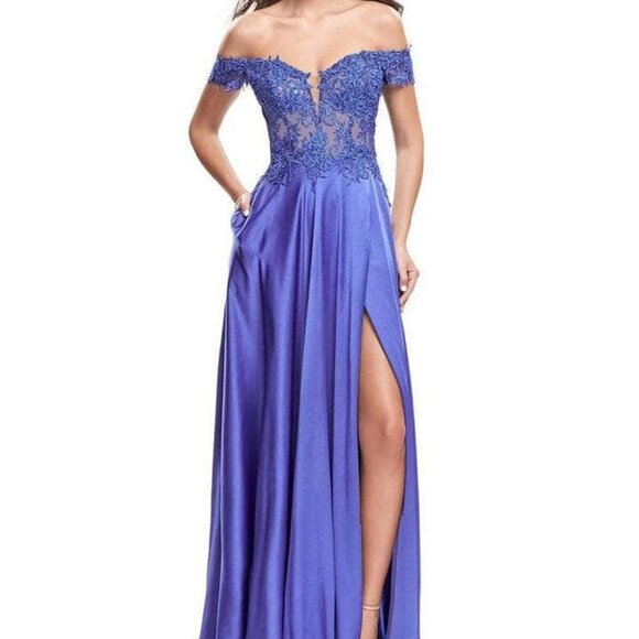 NWT La Femme 25694 Stretch Satin Prom Dress Purple Size 8 - Picture 1 of 7